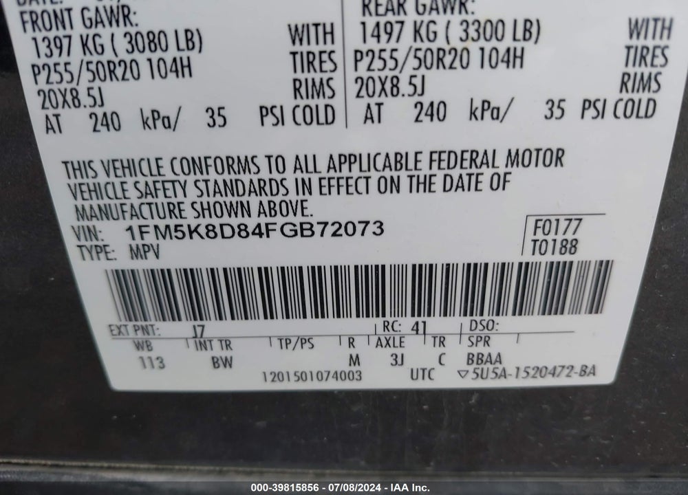 2015 FORD EXPLORER XLT VIN: 1FM5K8D84FGB72073