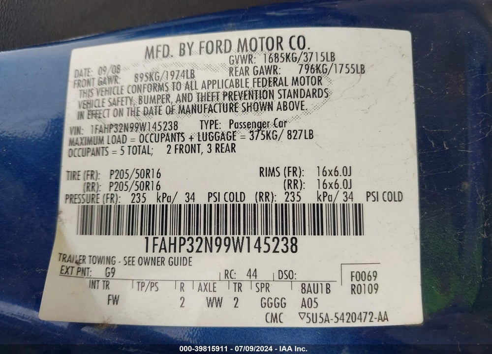 2009 FORD FOCUS SE VIN: 1FAHP32N99W145238