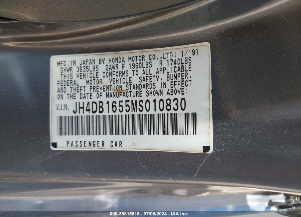 1991 ACURA INTEGRA LS VIN: JH4DB1655MS010830