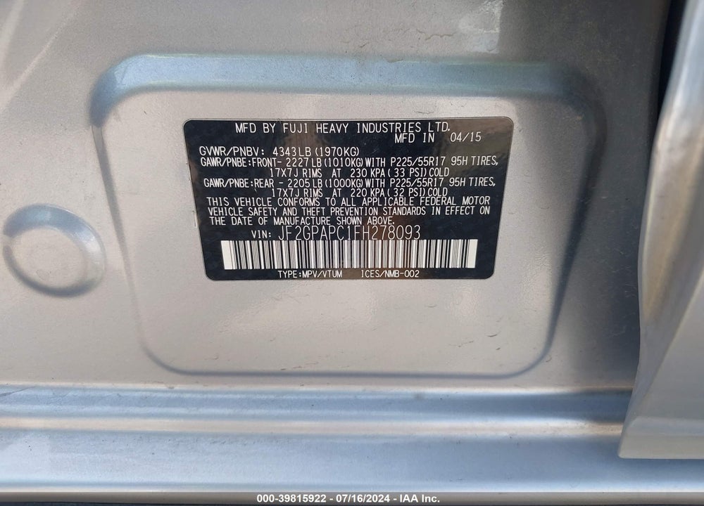 2015 SUBARU XV CROSSTREK 2.0I LIMITED VIN: JF2GPAPC1FH278093