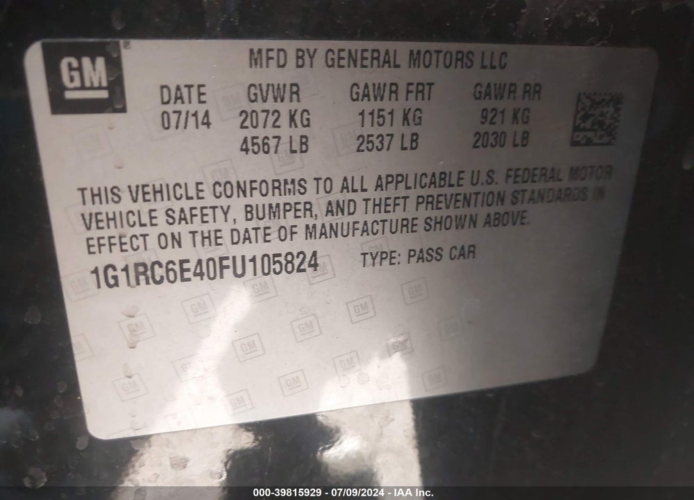 2015 CHEVROLET VOLT VIN: 1G1RC6E40FU105824