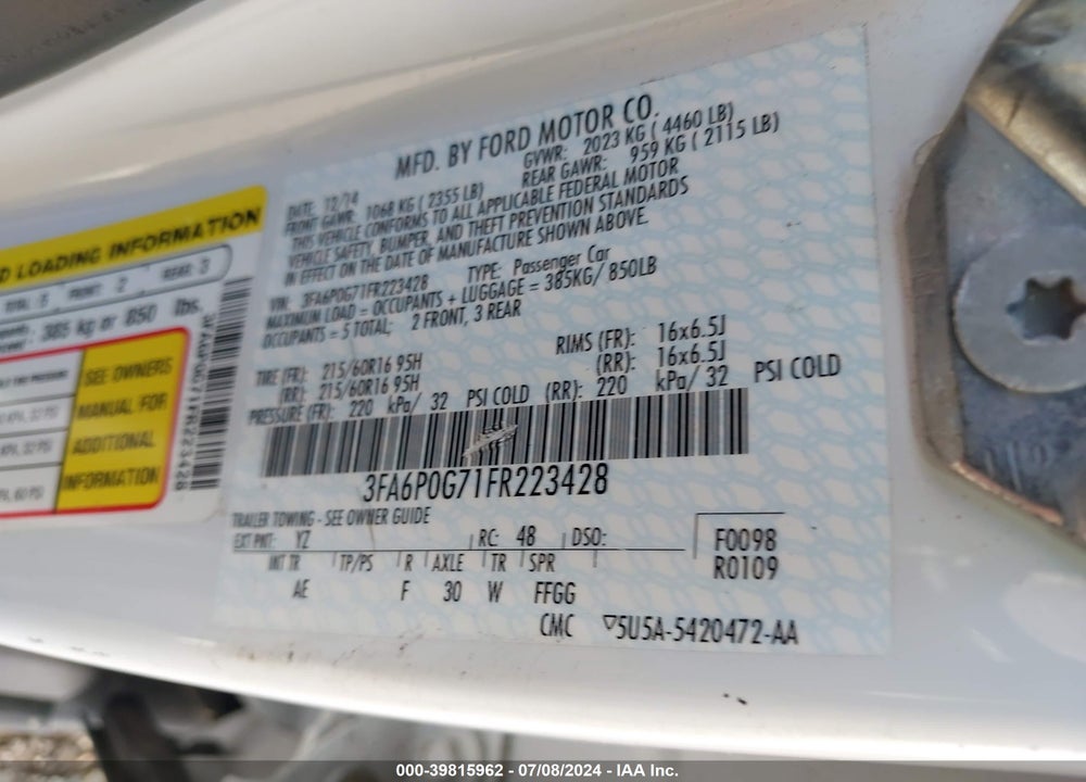 2015 FORD FUSION S VIN: 3FA6P0G71FR223428