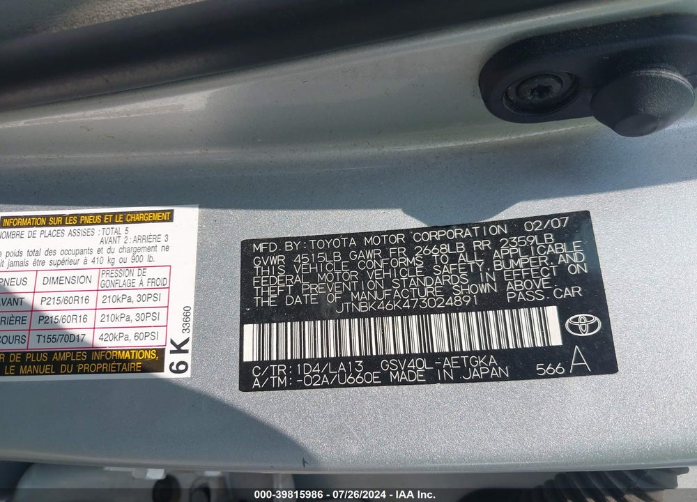 2007 TOYOTA CAMRY XLE V6 VIN: JTNBK46K473024891