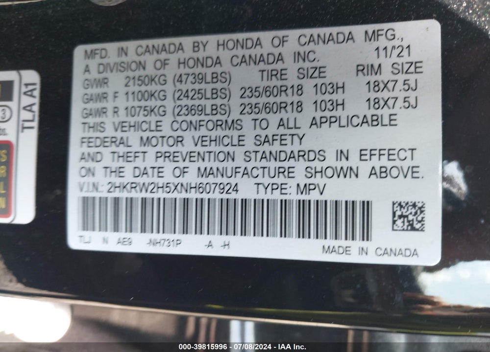 2022 HONDA CR-V AWD EX VIN: 2HKRW2H5XNH607924