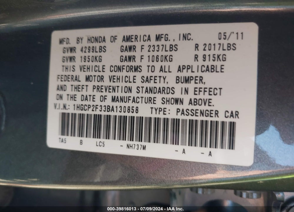 2011 HONDA ACCORD 2.4 LX VIN: 1HGCP2F33BA130858