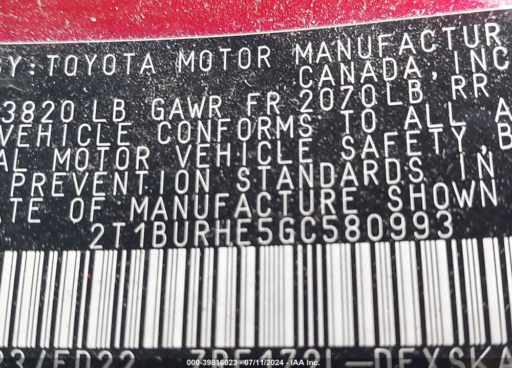 2016 TOYOTA COROLLA S PLUS VIN: 2T1BURHE5GC580993
