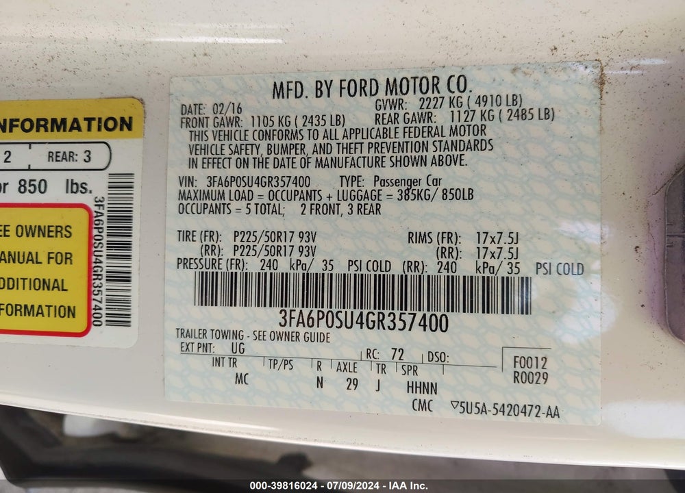 2016 FORD FUSION ENERGI TITANIUM VIN: 3FA6P0SU4GR357400