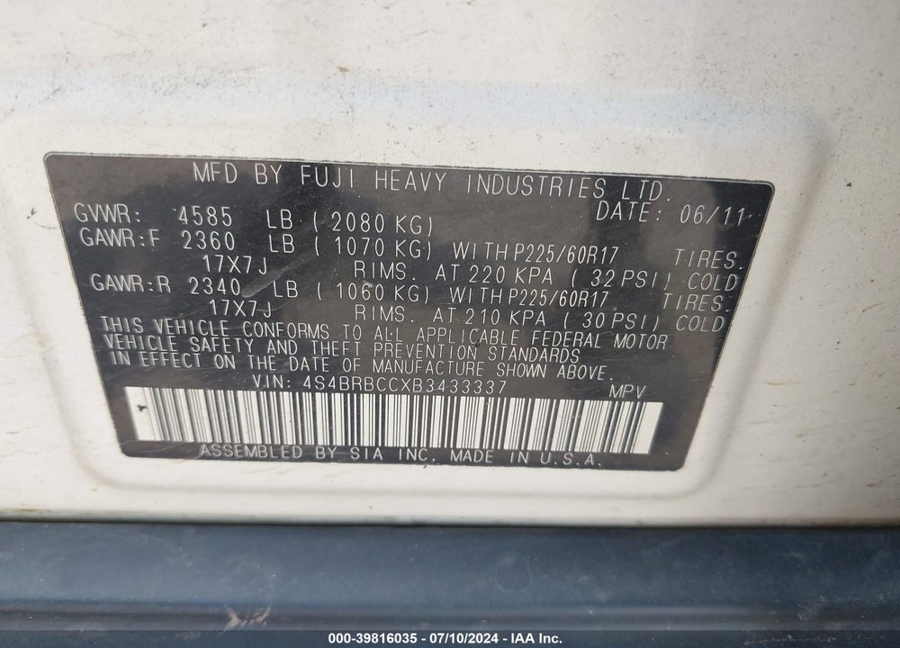 2011 SUBARU OUTBACK 2.5I PREMIUM VIN: 4S4BRBCCXB3433337