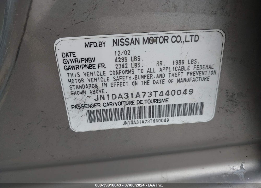 2003 NISSAN MAXIMA SE VIN: JN1DA31A73T440049