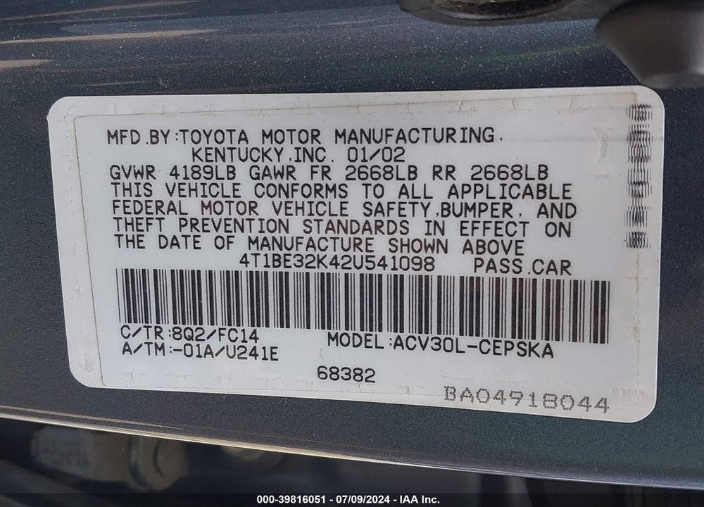 2002 TOYOTA CAMRY SE VIN: 4T1BE32K42U541098
