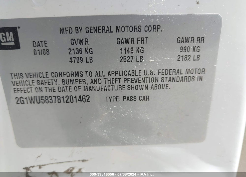 2008 CHEVROLET IMPALA VIN: 2G1WU583781201462
