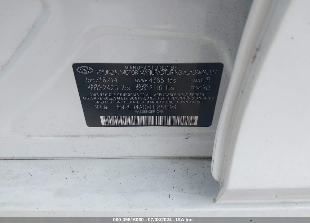 2014 HYUNDAI SONATA GLS VIN: 5NPEB4ACXEH881199