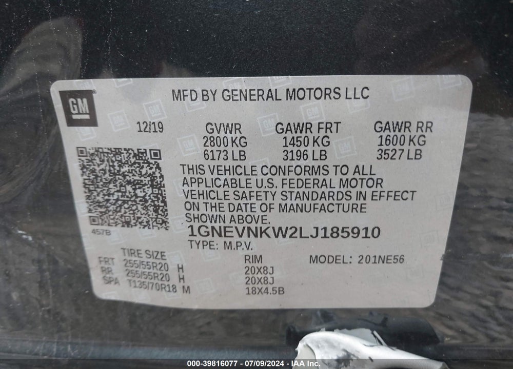 2020 CHEVROLET TRAVERSE AWD HIGH COUNTRY VIN: 1GNEVNKW2LJ185910