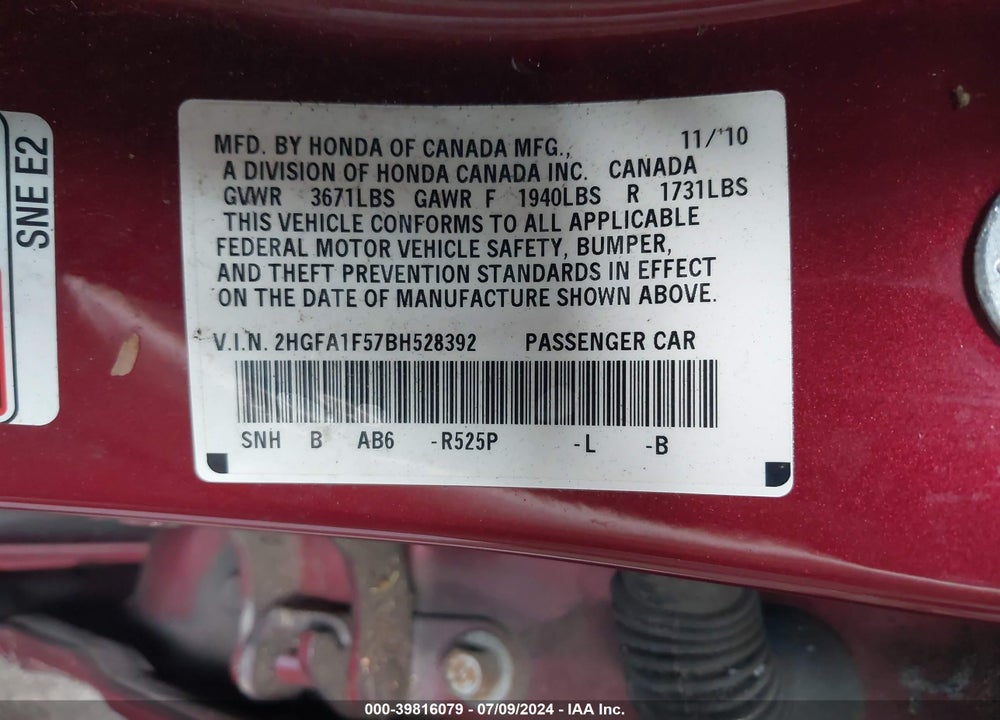 2011 HONDA CIVIC LX VIN: 2HGFA1F57BH528392