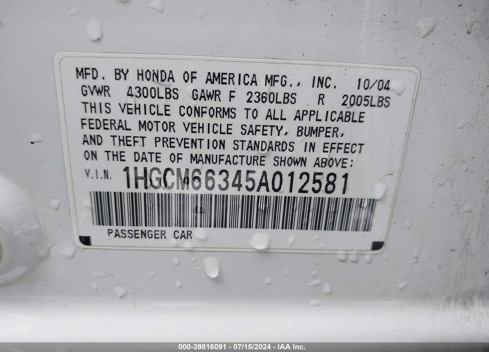 2005 HONDA ACCORD 3.0 LX VIN: 1HGCM66345A012581
