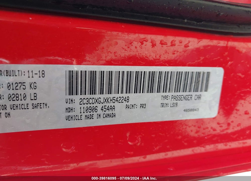 2019 DODGE CHARGER SCAT PACK RWD VIN: 2C3CDXGJXKH542248