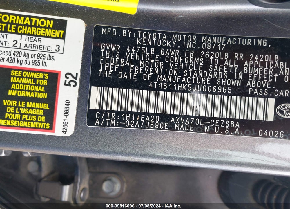 2018 TOYOTA CAMRY SE VIN: 4T1B11HK5JU006965