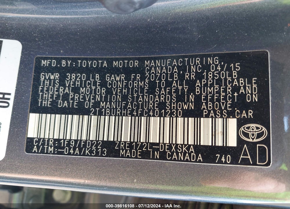2015 TOYOTA COROLLA S PLUS VIN: 2T1BURHE4FC401230
