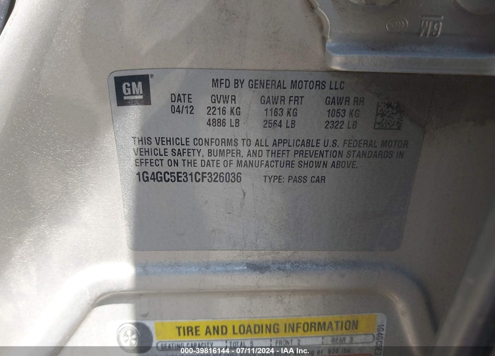 2012 BUICK LACROSSE LEATHER GROUP VIN: 1G4GC5E31CF326036