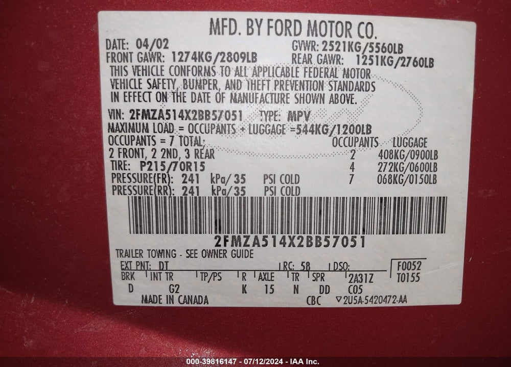 2002 FORD WINDSTAR LX VIN: 2FMZA514X2BB57051