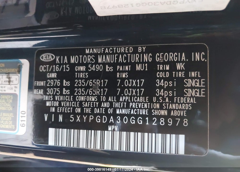 2016 KIA SORENTO 2.4L LX VIN: 5XYPGDA30GG128978