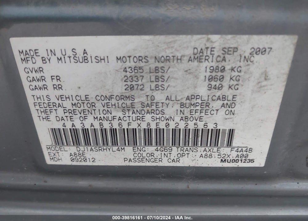 2008 MITSUBISHI GALANT ES VIN: 4A3AB36FX8E022563