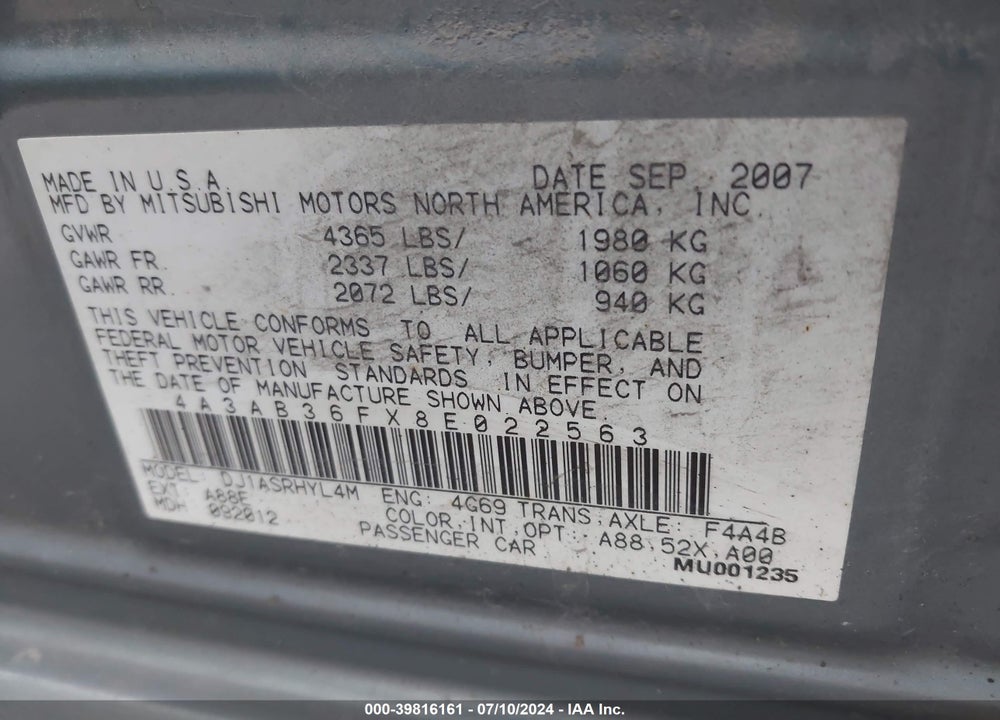 2008 MITSUBISHI GALANT ES VIN: 4A3AB36FX8E022563