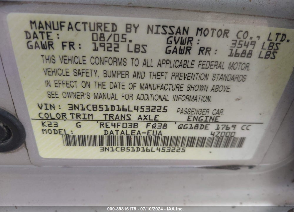 2006 NISSAN SENTRA 1.8S VIN: 3N1CB51D16L453225