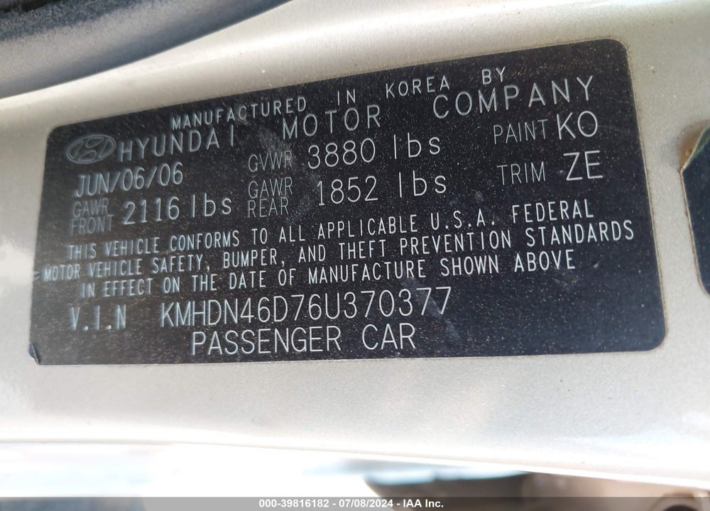 2006 HYUNDAI ELANTRA GLS/LIMITED VIN: KMHDN46D76U370377