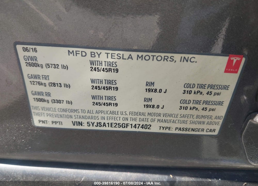 2016 TESLA MODEL S 60D/70D/75D/85D/90D VIN: 5YJSA1E25GF147402