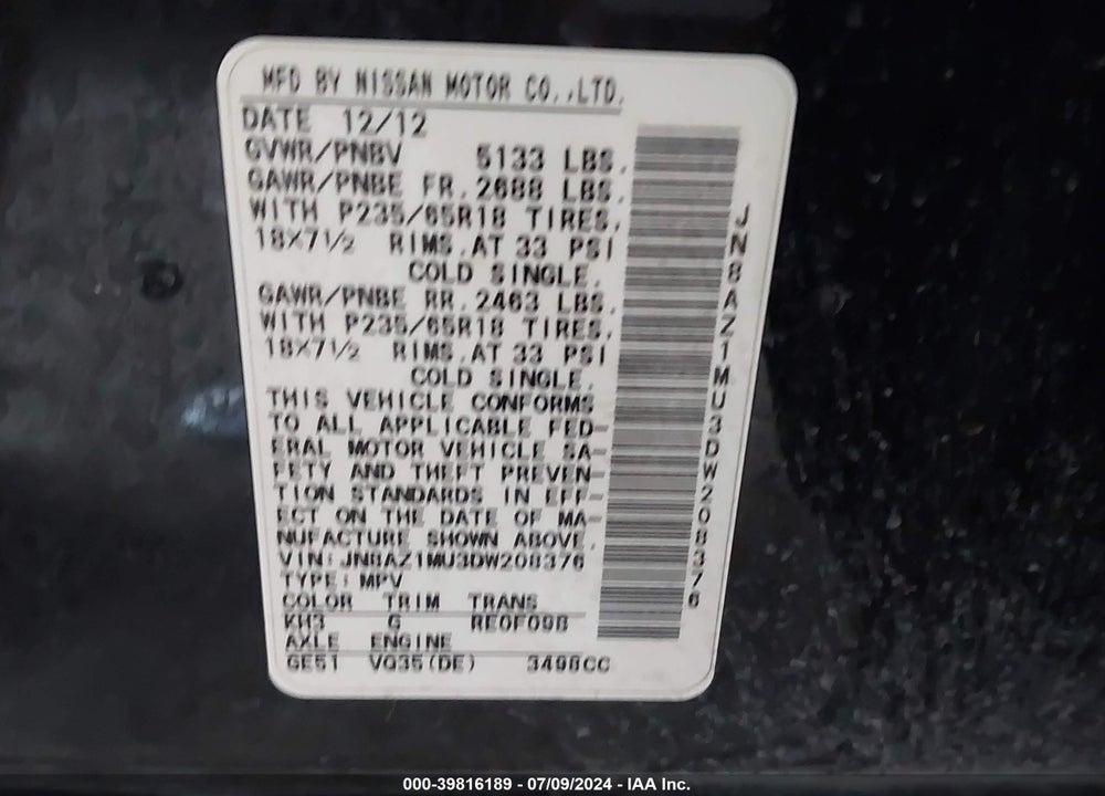 2013 NISSAN MURANO SL VIN: JN8AZ1MU3DW208376