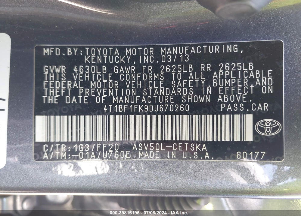 2013 TOYOTA CAMRY SE VIN: 4T1BF1FK9DU670260