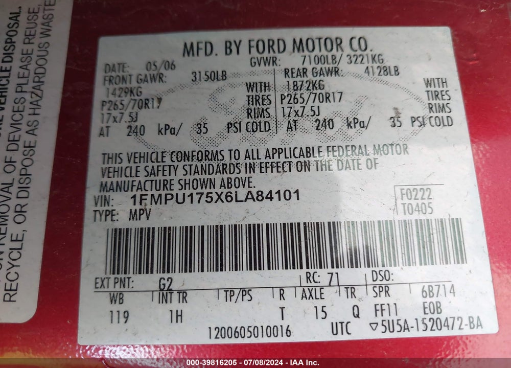 2006 FORD EXPEDITION EDDIE BAUER/KING RANCH VIN: 1FMPU175X6LA84101