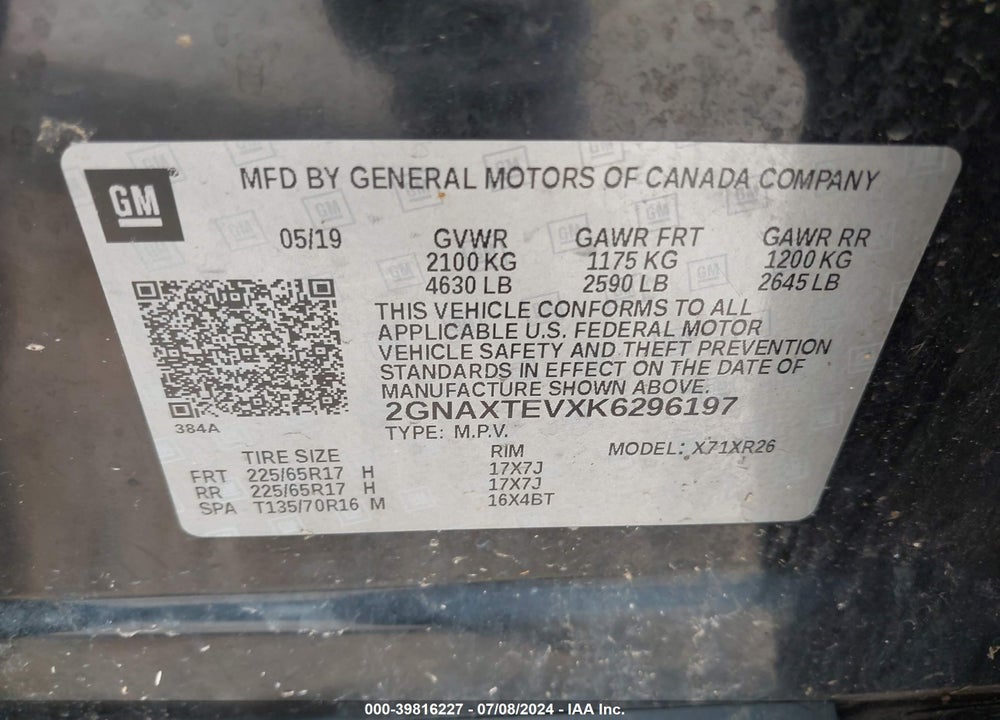 2019 CHEVROLET EQUINOX LT VIN: 2GNAXTEVXK6296197