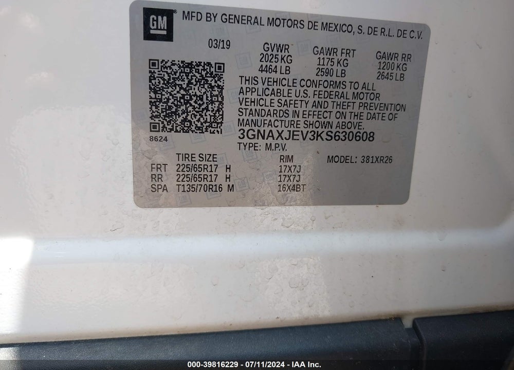 2019 CHEVROLET EQUINOX LT VIN: 3GNAXJEV3KS630608
