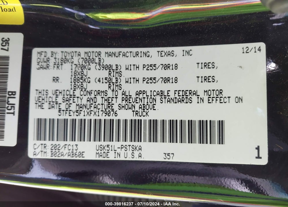 2015 TOYOTA TUNDRA SR5 5.7L V8 VIN: 5TFEY5F1XFX179076