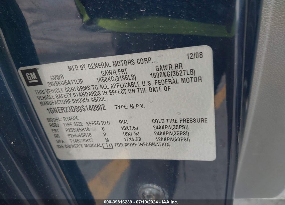 2009 CHEVROLET TRAVERSE LT VIN: 1GNER23D89S140862