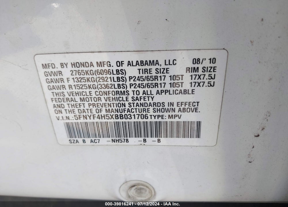 2011 HONDA PILOT EX-L VIN: 5FNYF4H5XBB031706