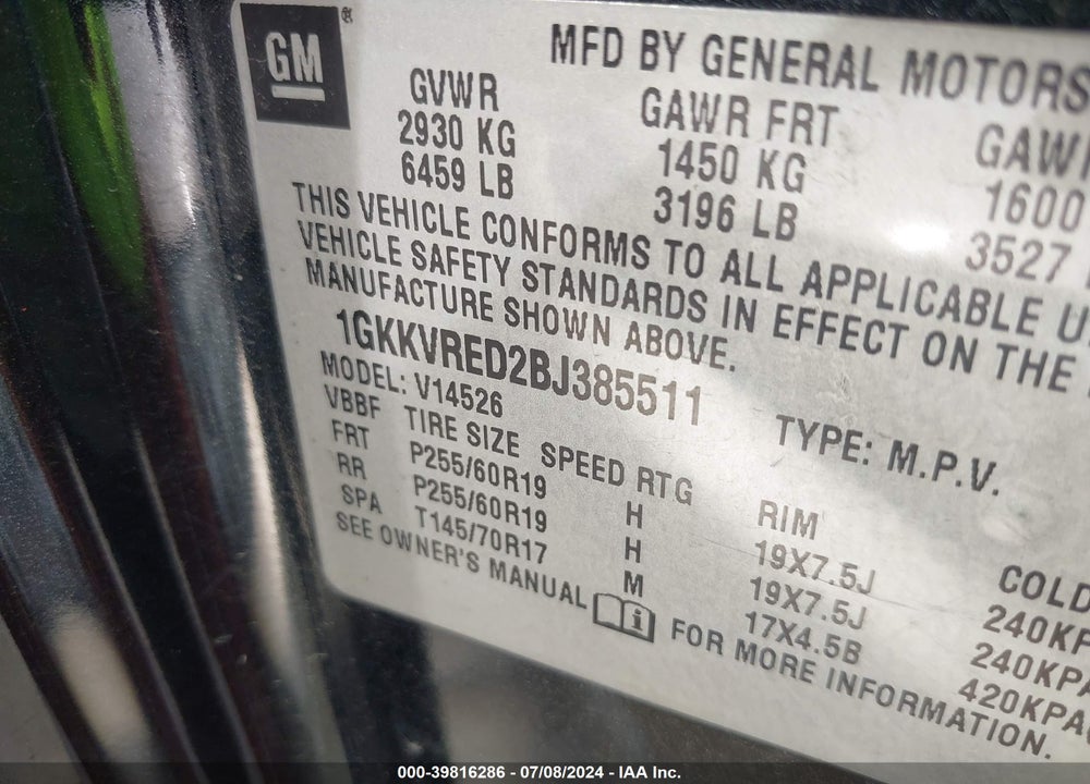 2011 GMC ACADIA SLT-1 VIN: 1GKKVRED2BJ385511