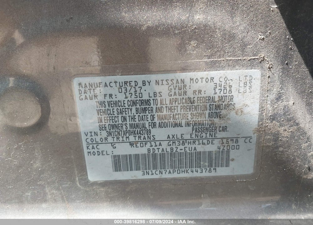 2017 NISSAN VERSA 1.6 SV VIN: 3N1CN7AP0HK443789