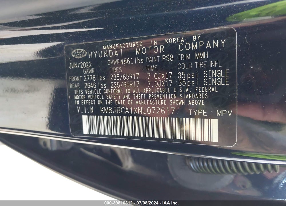 2022 HYUNDAI TUCSON HYBRID BLUE VIN: KM8JBCA1XNU072617