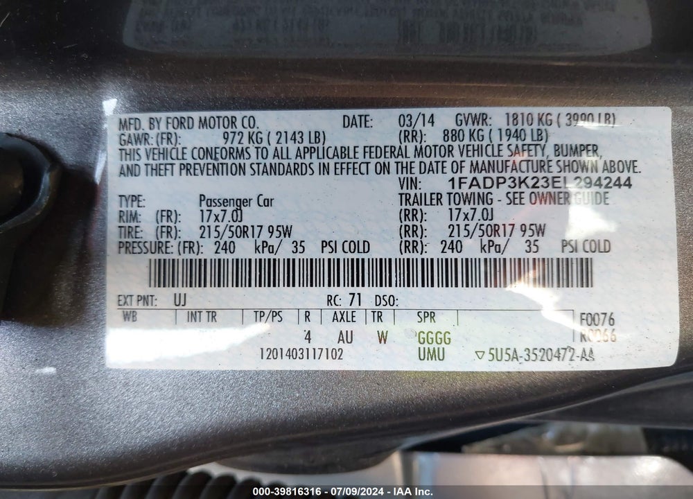 2014 FORD FOCUS SE VIN: 1FADP3K23EL294244