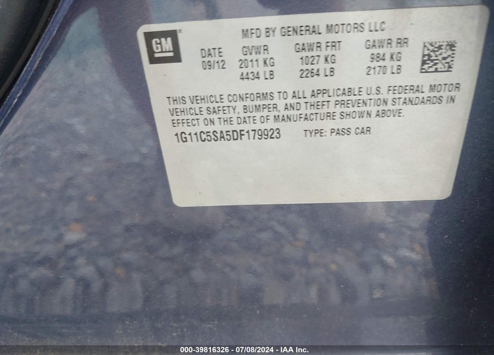 2013 CHEVROLET MALIBU 1LT VIN: 1G11C5SA5DF179923