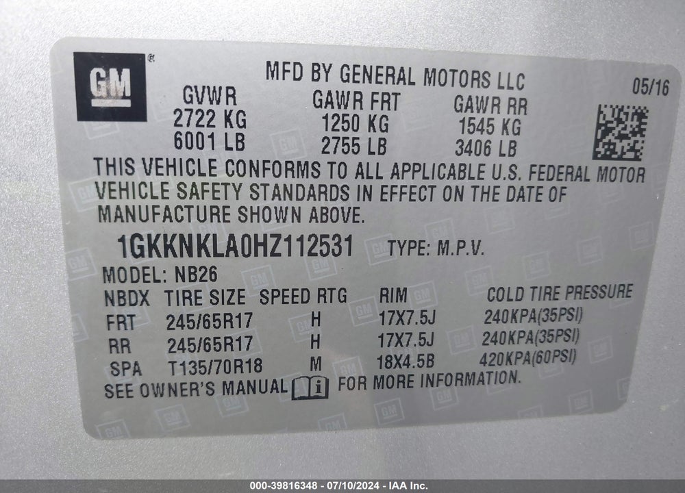 2017 GMC ACADIA SLE-1 VIN: 1GKKNKLA0HZ112531