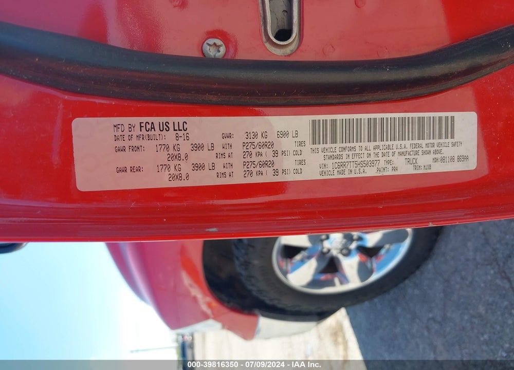 2017 RAM 1500 LONE STAR 4X4 6'4 BOX VIN: 1C6RR7TT5HS503977