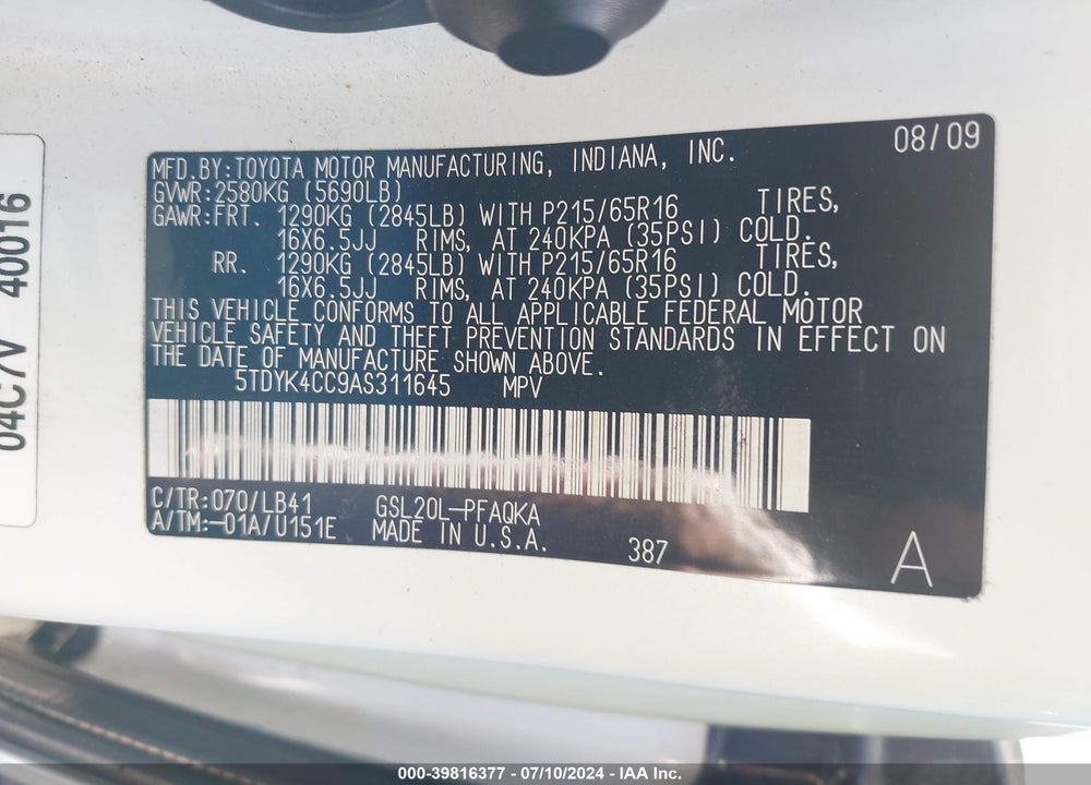 2010 TOYOTA SIENNA XLE VIN: 5TDYK4CC9AS311645