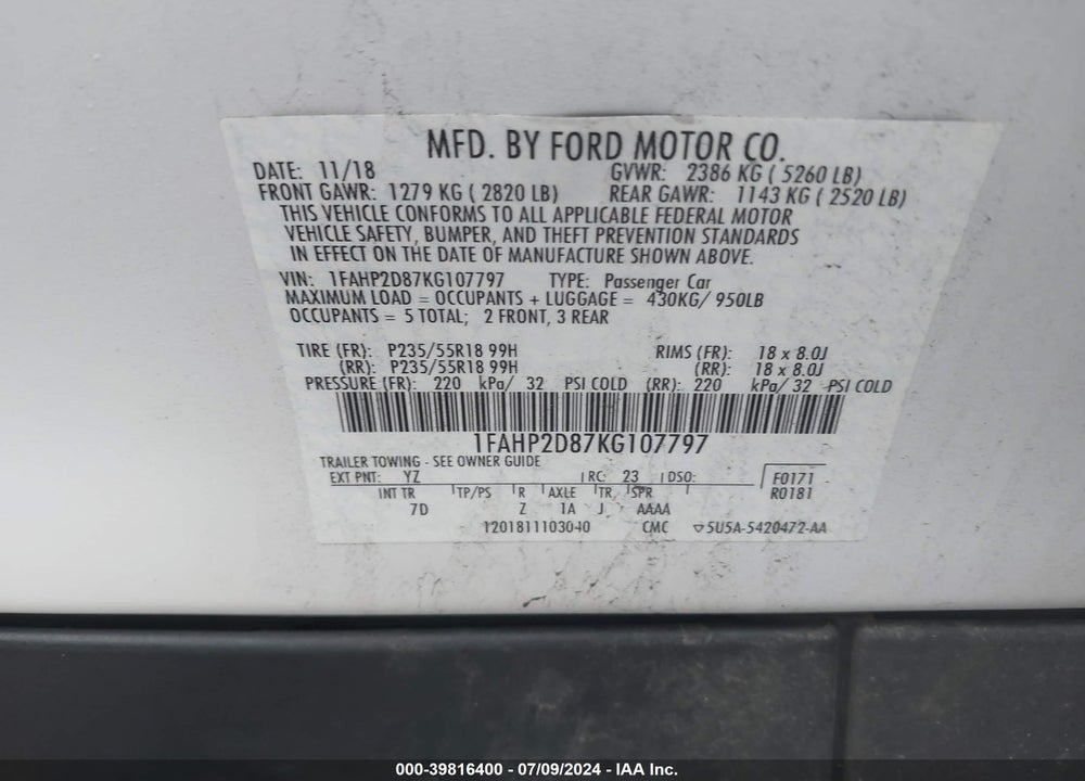 2019 FORD TAURUS SE VIN: 1FAHP2D87KG107797