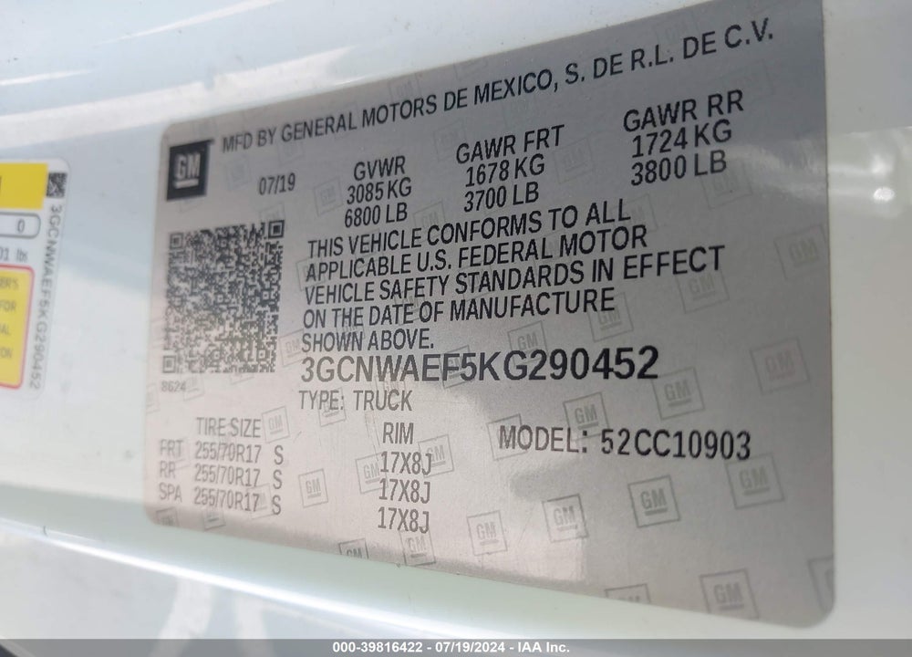 2019 CHEVROLET SILVERADO 1500 WORK TRUCK VIN: 3GCNWAEF5KG290452