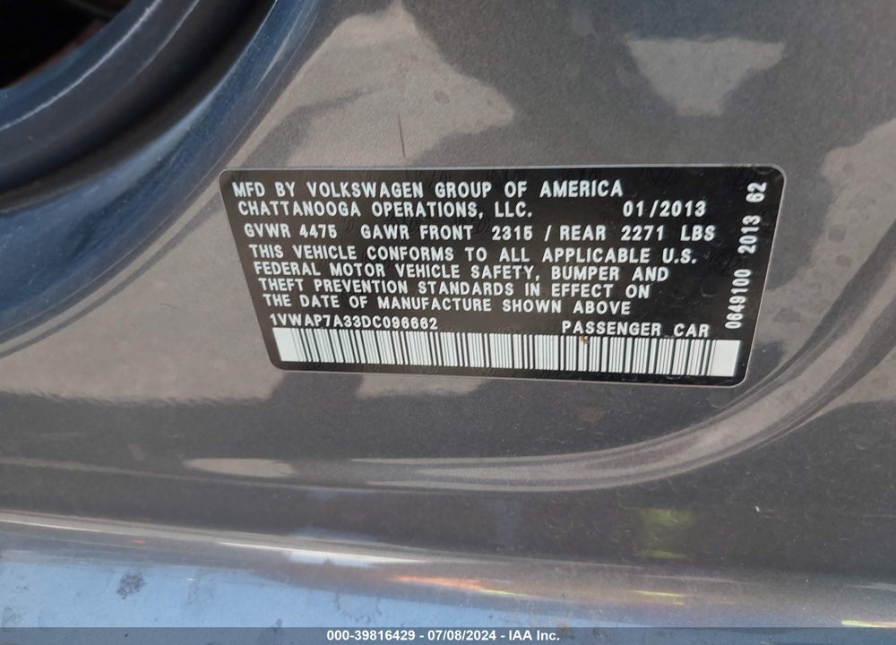 2013 VOLKSWAGEN PASSAT 2.5L S VIN: 1VWAP7A33DC096662