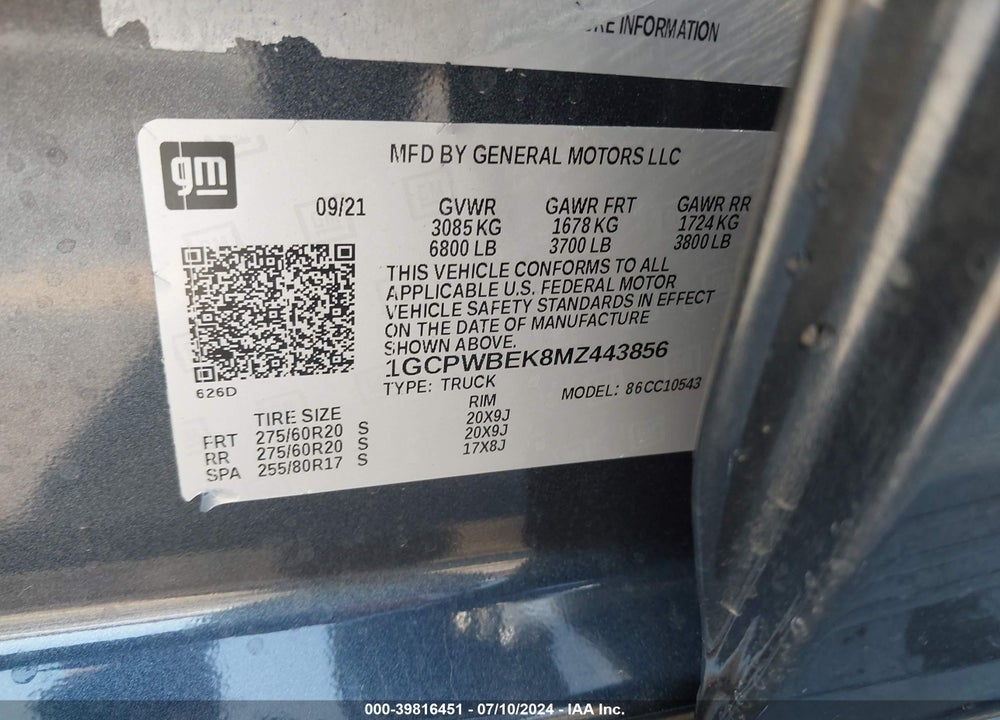 2021 CHEVROLET SILVERADO 1500 VIN: 1GCPWBEK8MZ443856